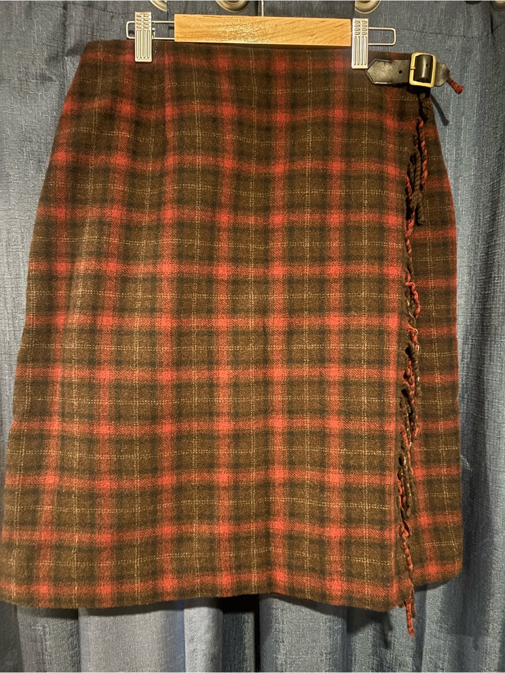 Eddie Bauer Brown and Red Plaid Wool Wrap Mini Skirt